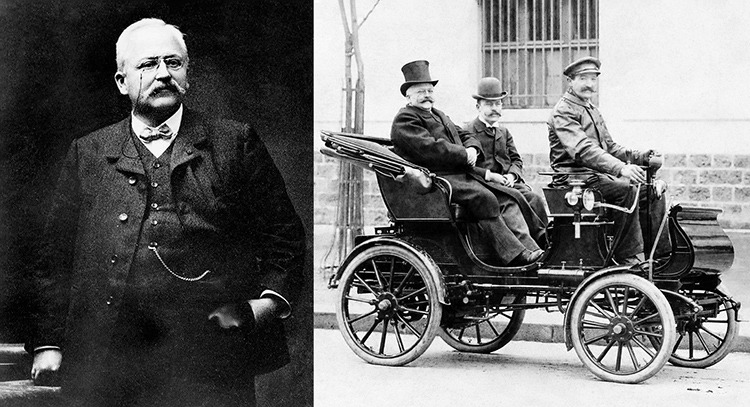 آرماند پژو؛ تصویر سمت چپ و اولین نفر نشسته روی خودروی پژو تایپ ۲۸ در سال ۱۹۰۰